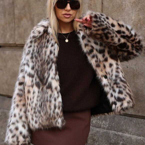 Brown Women's Elegant Leopard Print Faux fur  Side Pockets Coat - Picture 7 of 9